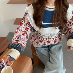 Sweater Women's New Autumn and Winter Stitching Loose and Lazy Wind Outer Wear Korean Style Round Neck Pullover Sweater