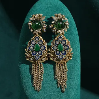 復古長綠色瑪瑙水滴耳環配件 女士花朵仿古金色流蘇吊墜 奢華設計師珠寶 10 最佳銷售 瑪瑙耳環 - №8