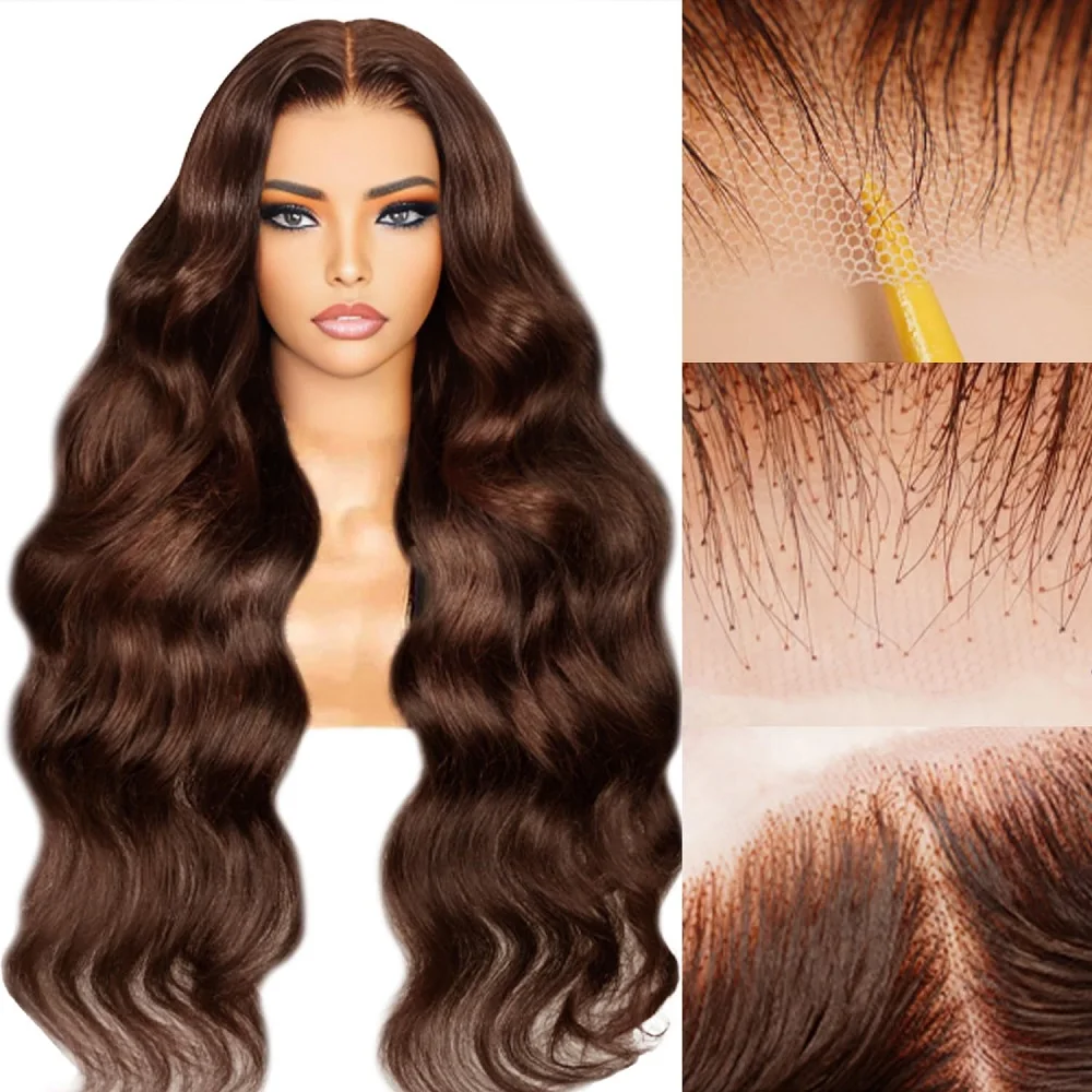 200 Dichte 13x4 HD Lace Front Perücke Schokoladenbraun Body Wave Echthaar # 4 farbige 13x6 Full Lace Frontal Perücken für Frauen, 44 Zoll