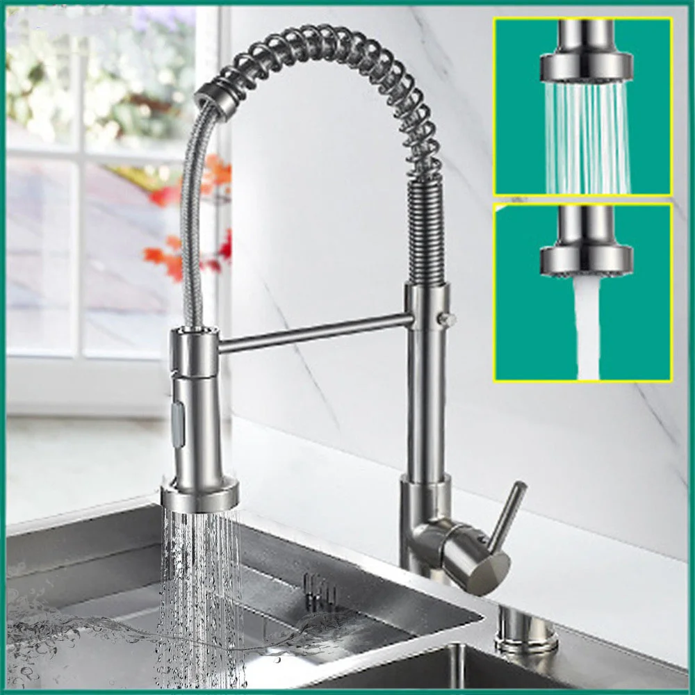 

Brushed Brass Kitchen Faucet 360 Degree Stretch With Spring Hot Cold Mixer Tap Stream Sprayer Nozzle Sink Faucet Pull Out Spout