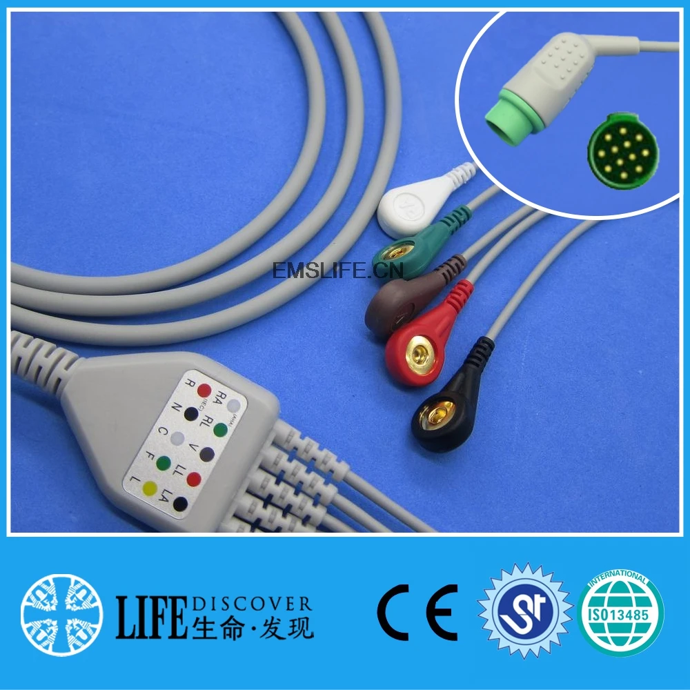 

12 Pin For fukuda dynascope ds7100 ECG Cable One Piece 5 Leadwires and 3 Leads Snap or Grabber AHA Standard Veterinary Clip