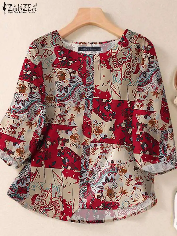 Vintage Floral Printed Blouse ZANZEA Autumn Women TopsO Neck 3/4 Sleeve Casual Loose Shirt Bohemian Holiday Blusas Tunic Femme