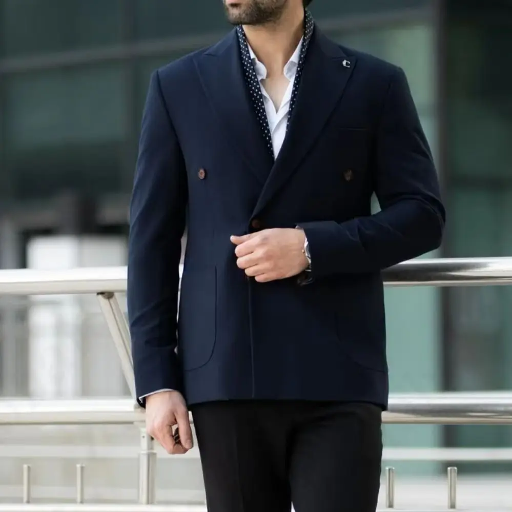 Formal Navy Blue Black Two Tone 2 Piece Suit Slim Fit Peak Lapel Double Breasted Blazer Pants Set Wedding Prom Party Customized