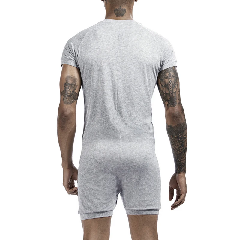 Sexy Button-up Crew Neck Jumpsuits Mens Summer Casual Solid Color Slim Fit Short Sleeve Bodycon Mens Pajamas Shorts Bodysuits