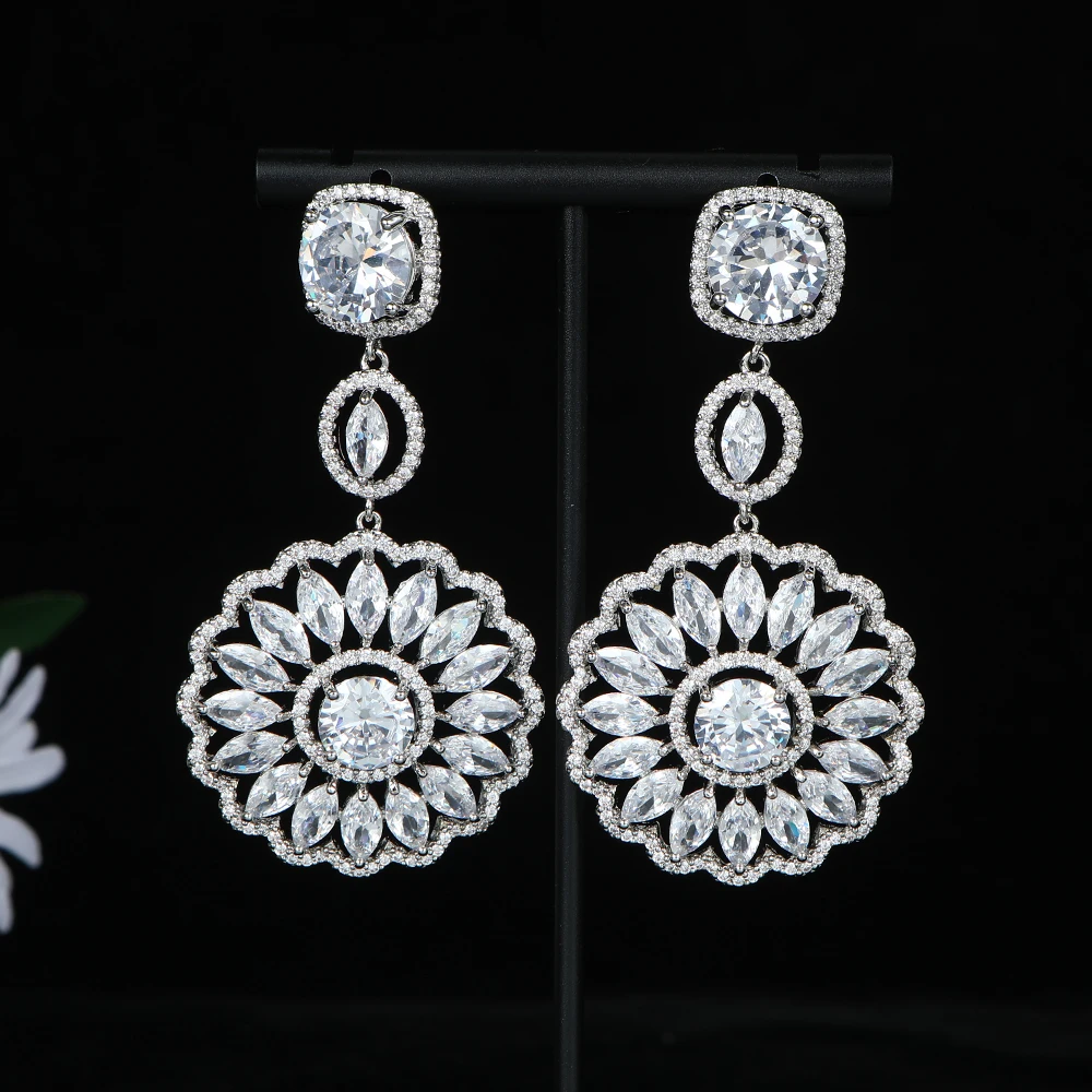 Luxury Geometry Square Waterdrop Sun Flower Drop Earring For Women Wedding Cubic Zirconia Dubai Bridal Costume Jewelry E1246