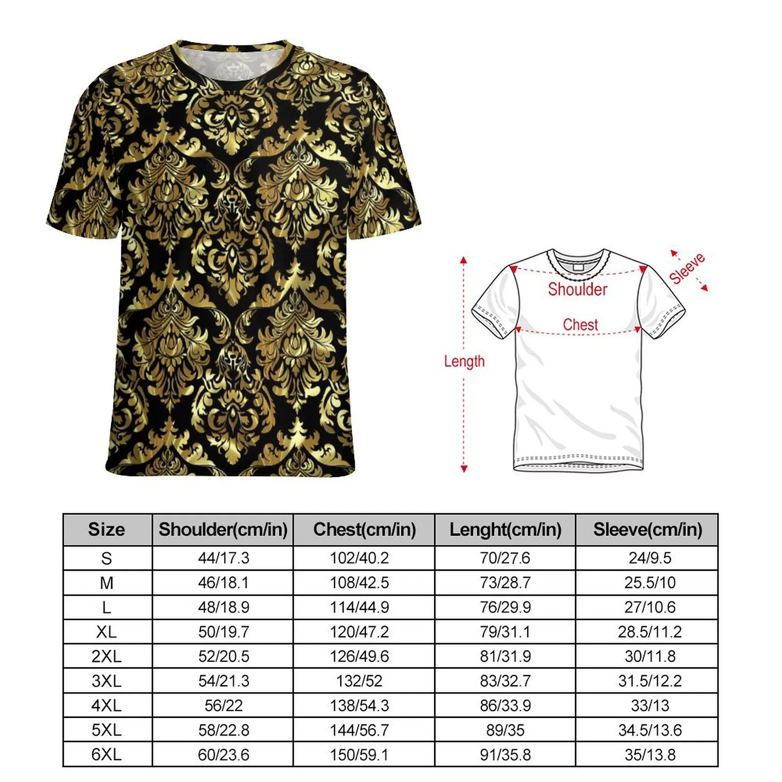 Damask Floral T Shirt For Men Black And Gold Custom O Neck T-Shirts Summer Fashion Tops Short Sleeve Basic Oversize Tees Present