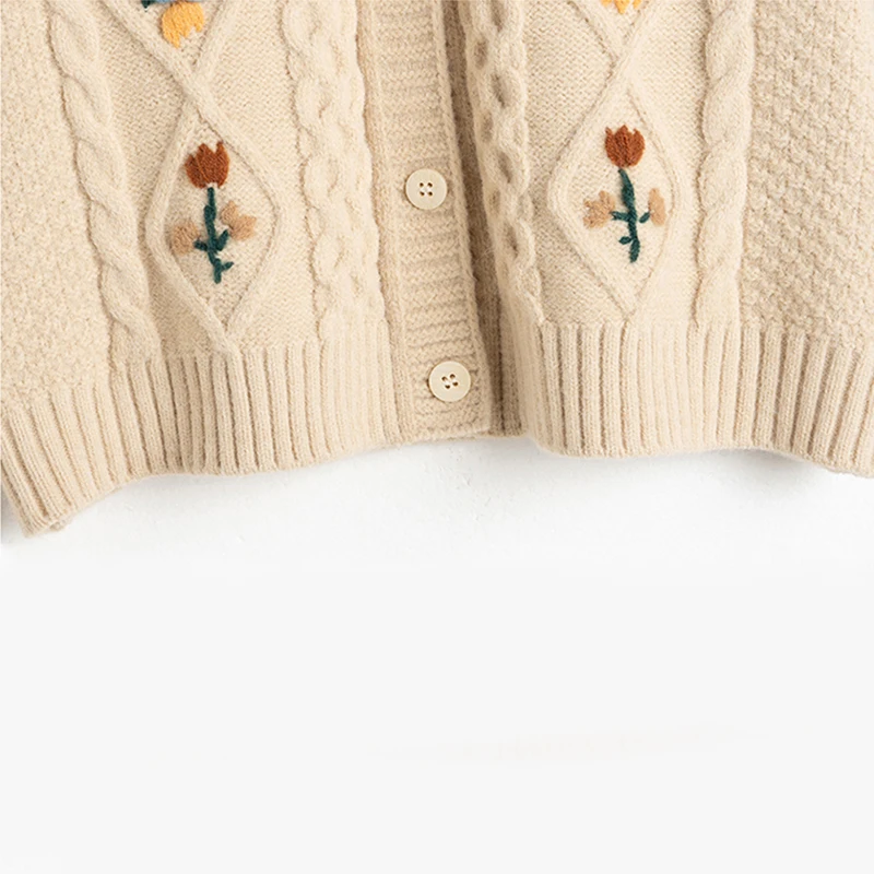 ABRINI Women Vintage Embroidery O-neck Sweater Cardigan Single Breasted Thickened Loose Knit Coat Fall Winter Warm Casual Coat