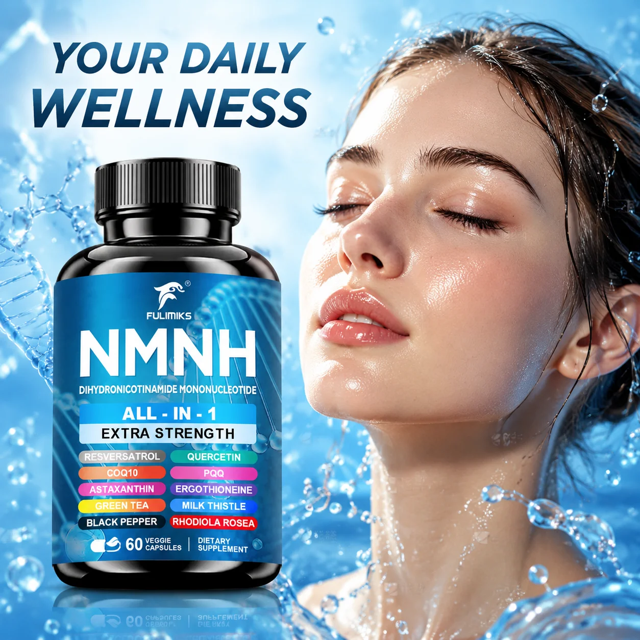 NMNH All-in-One Capsules, with Resveratrol, CoQ10, PQQ, Quercetin, Astaxanthin, Ergothioneine, Milk Thistle, Green Tea & Rhodiola Rosea, Support Cellular Energy & Healthy Aging, Powerful Antioxidant Protection, Maintain Skin Wellness & Body Vitality