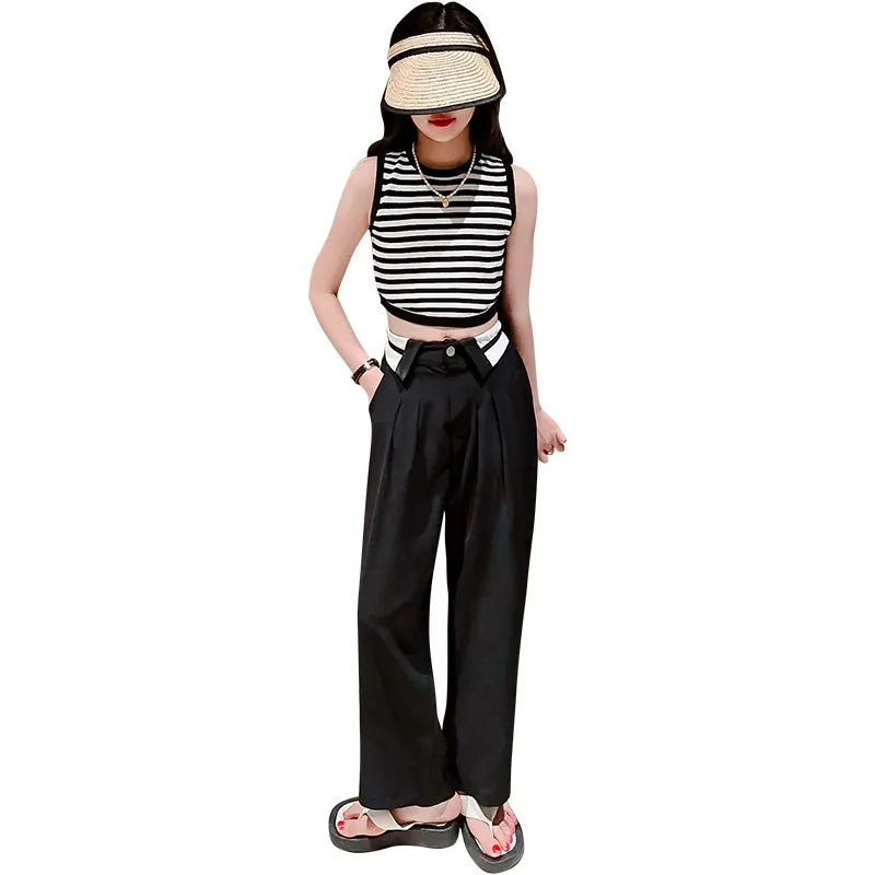 

Girls Striped Vest Tops+Suit Pants Two Pieces Clothing Sets Teens Stylish Outfits Summer Casual Clothes 8 10 12 13 14 Years Old