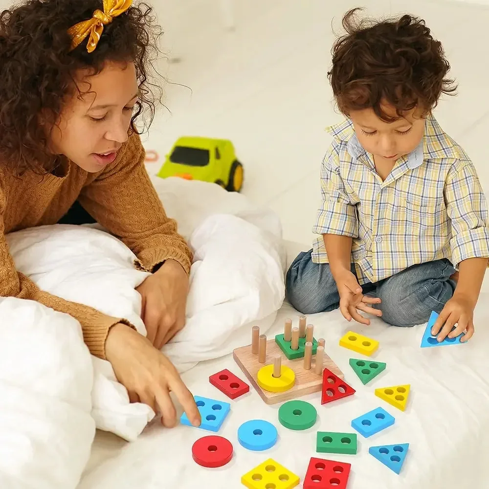 Hot Kids Montessori Giocattoli in legno Blocchi Macaron Giocattolo di apprendimento Musica per bambini Sonagli Grafica Blocchi di legno colorati Giocattolo educativo