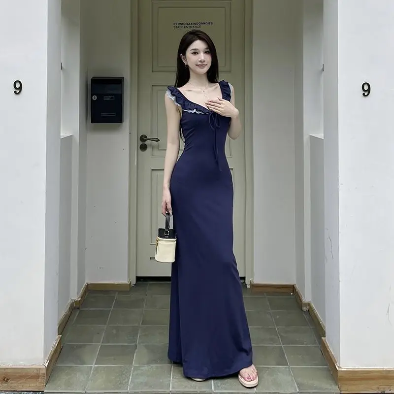 

Minimalist Ribbed Knit Slip Dress Women Elegant Ruffle Hem Office Wear Basic Stretch Bodycon Midi Dress Summer Casual Chic Y2K