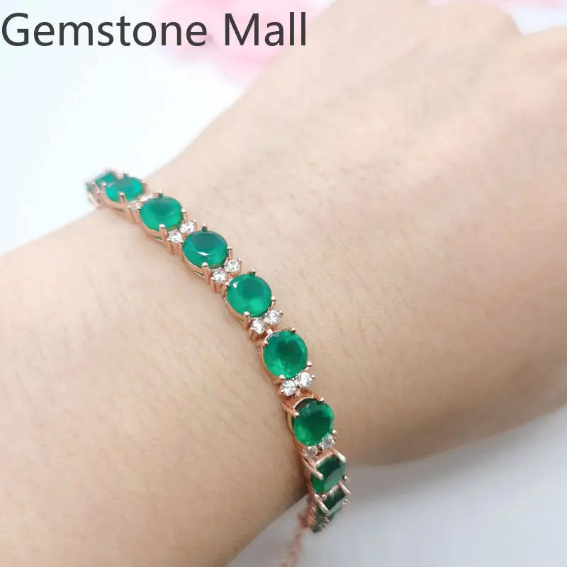 

100% Natural Green Chalcedony Bracelet 6mm Total 13.6ct Chalcedony 925 Silver Bracelet with 3 Layers 18K Gold Plating