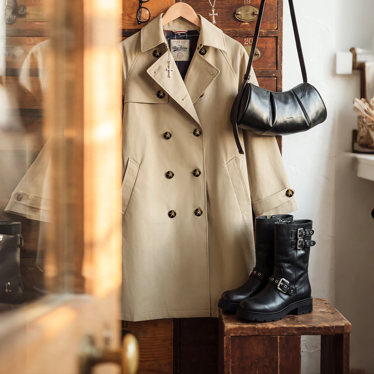 Maden Women's Trench Coat Windproof Double Breasted Belted Waist Long Coat Turn Down Collar Classic British Style Fall Outerwear