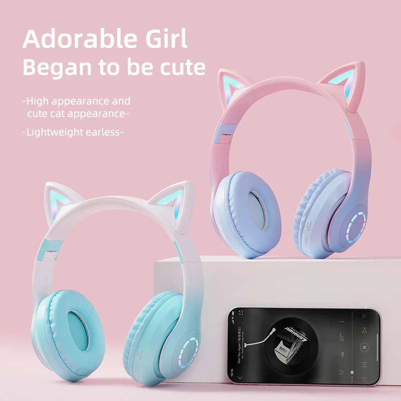 Headphone Wireless Bluetooth 5.0 Earphone Cat Ear RGB Flash Headset Kids Girls Stereo Bass Music Gamer Children’s Day Gift