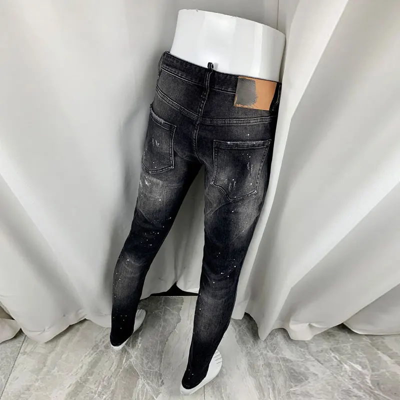 Men Vintage Black‑Ash Streaky Washed Paint‑Splatter Abrasion Patch Stretch‑Fit Denim Jeans Youth High‑Street Trend Denim Jeans