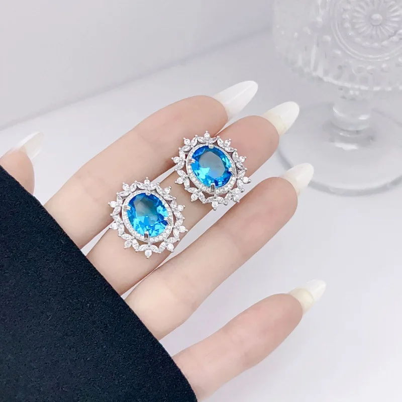 S925 silver dazzling earrings, gold lapis lazuli stud earrings, elegant oval-shaped party and banquet jewelry for women