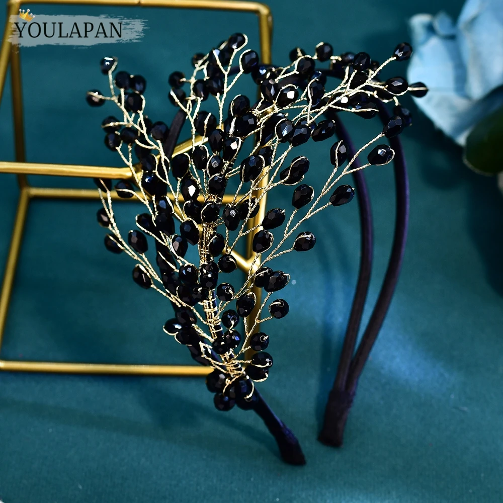 YouLaPan Handmade Golden Branch Black Crystal Headband Sparkly Double Layer Head Hoop Bridal Prom Party Hair Accessory A214 image 3