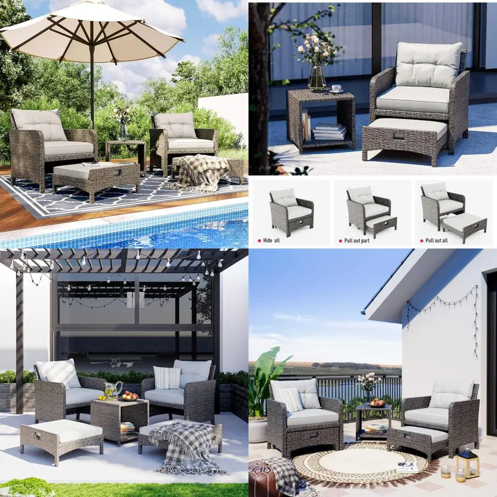 

5-Piece Outdoor Wicker Patio Furniture Set with Chairs, Ottomans, and Coffee Table for Poolside Conversations
