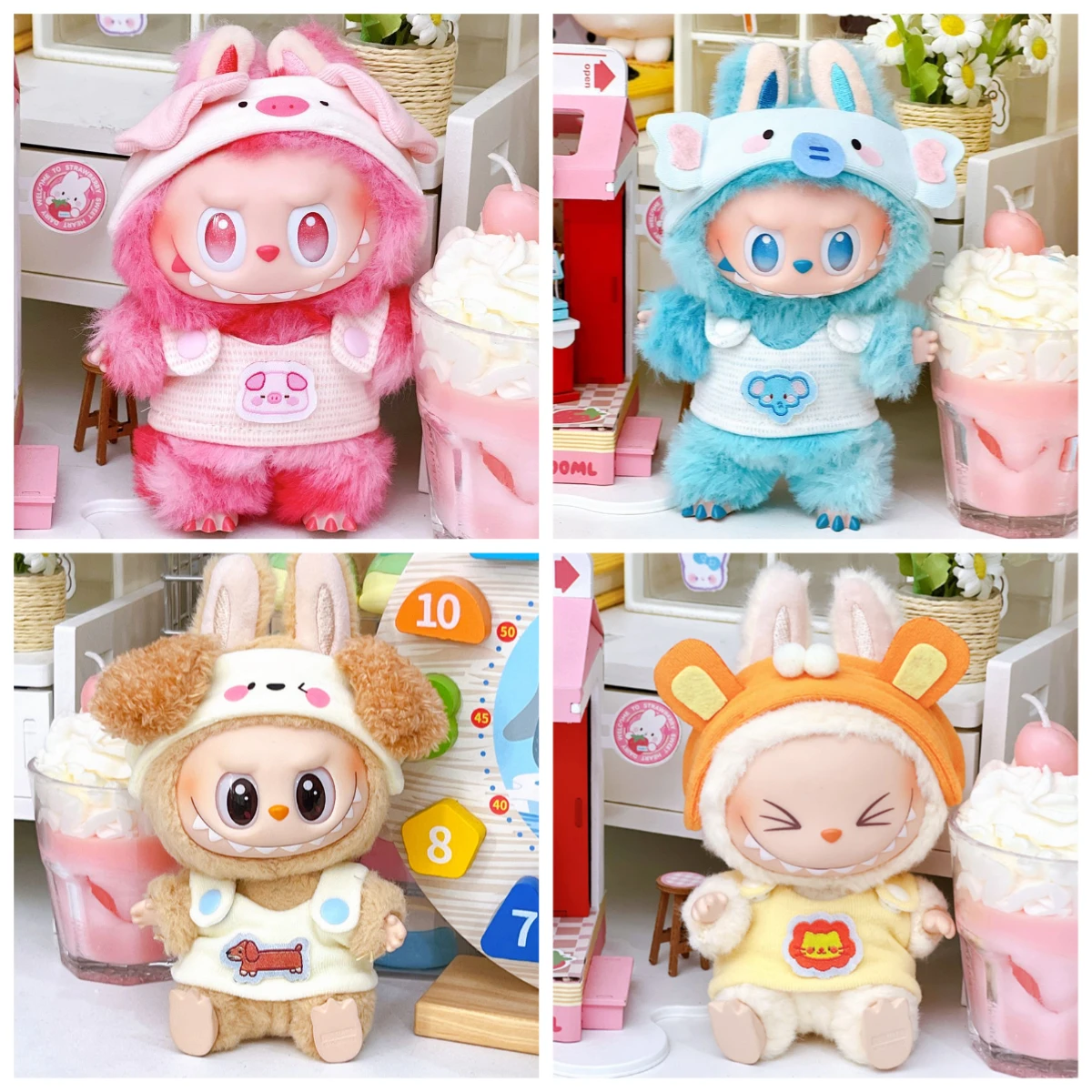 

For 15/17cm Mini Doll Labubu Clothing Set Animal Jumpsuit Pattern V1 V2 V3 Labubu Clothes outfit Headband Doll Accessories Toys