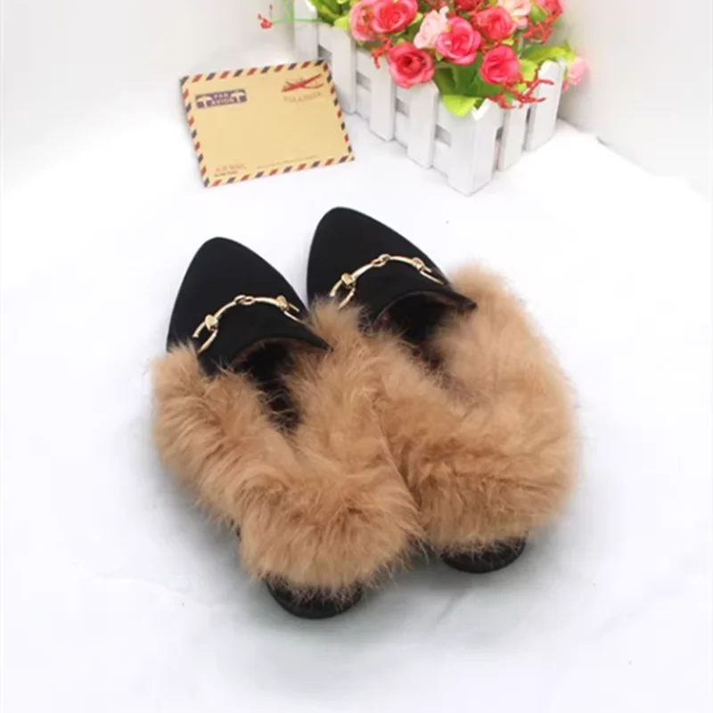 Women Winter Metal Chain Slip-On Grey Yellow Choice Short Plush Shoes For Big And Small Feet 32-45 21cm Warm Cute Fur Chaussure