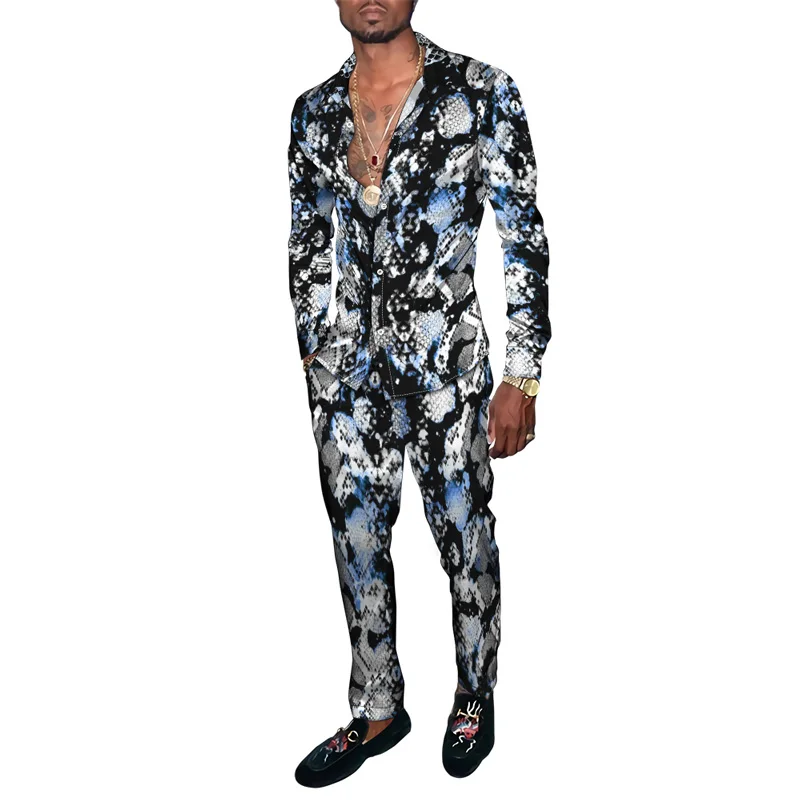 Hawaiian Shirt Suit 3D Serpentine Print 2PCS Set Striped Check Fashion Breathable Men Long Sleeve Shirt Pants Two Piece Suits