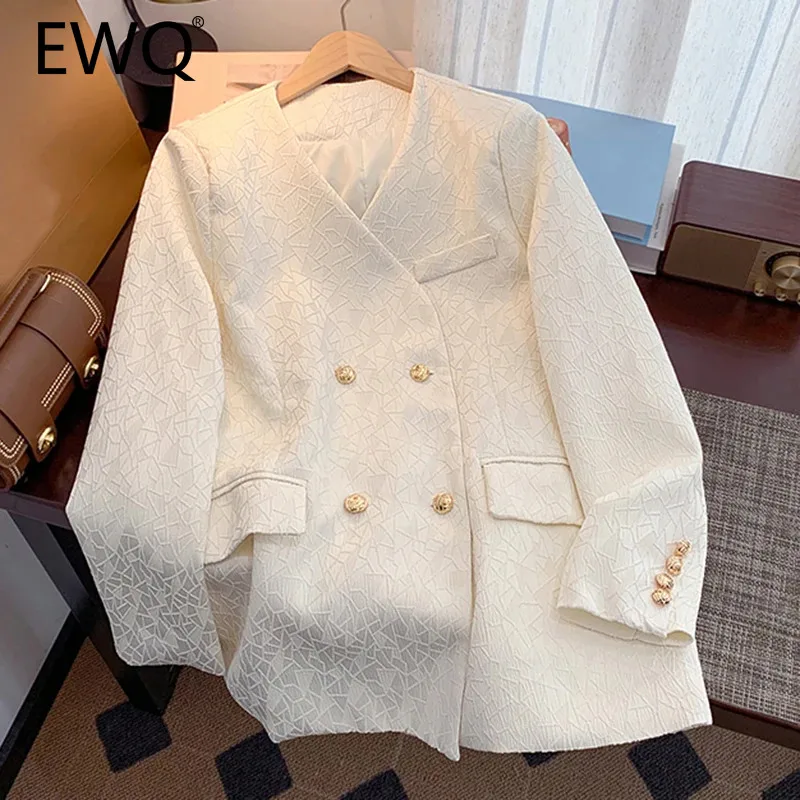 EWQ White Office Lady Blazer donna scollo a v manica lunga Versatile doppio petto vestibilità ampia abbigliamento tascabile 2024 autunno nuovo 27