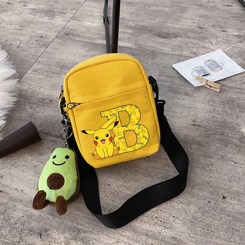 Bolso de hombro para niños de Pokemon Pikachu, bolsos cruzados con estampado de letras de dibujos animados para niños y niñas, paquete cuadrado de lona de Anime, regalo de cumpleaños para niños