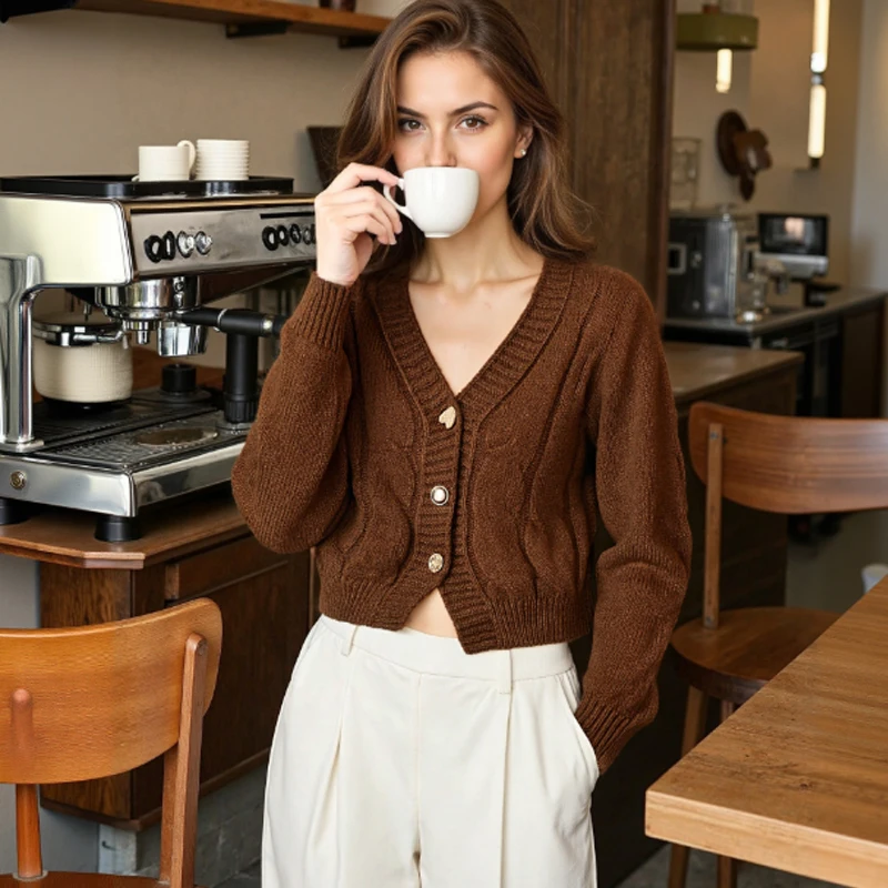 

Корейский кардиган с длинными рукавами и v-образным вырезом, вязаный топ, женский модный новый повседневный свитер, элегантный однотонный трикотаж