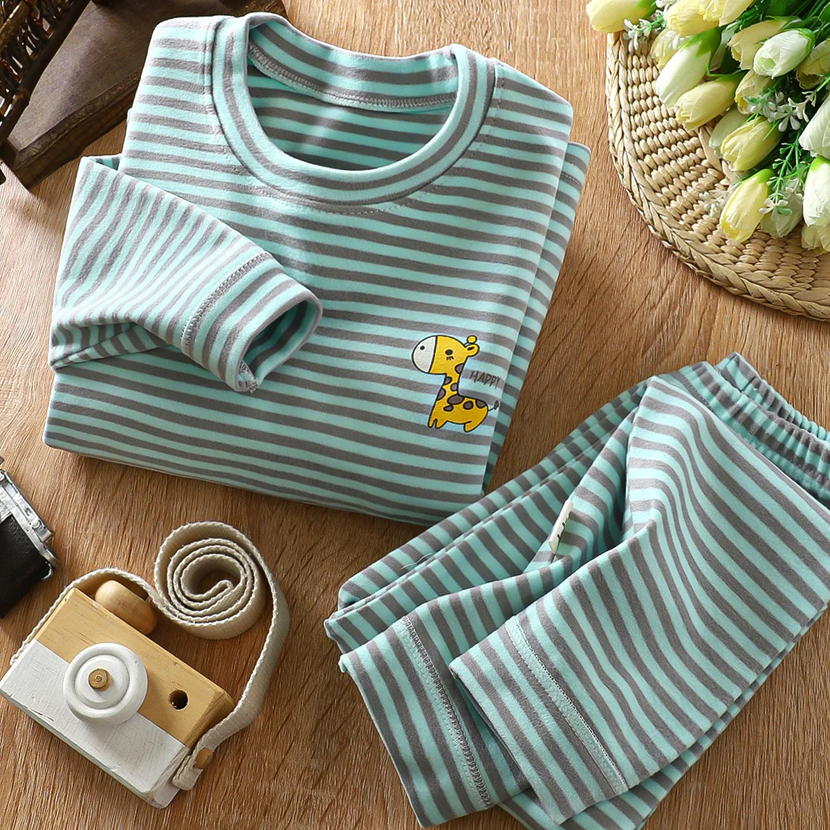 Children Boy Autumn Winter Long Johns Thicken Striped Cartoon Printed Kid Girl Pullover Suit Toddler Baby Girl Warm Pants Outfit