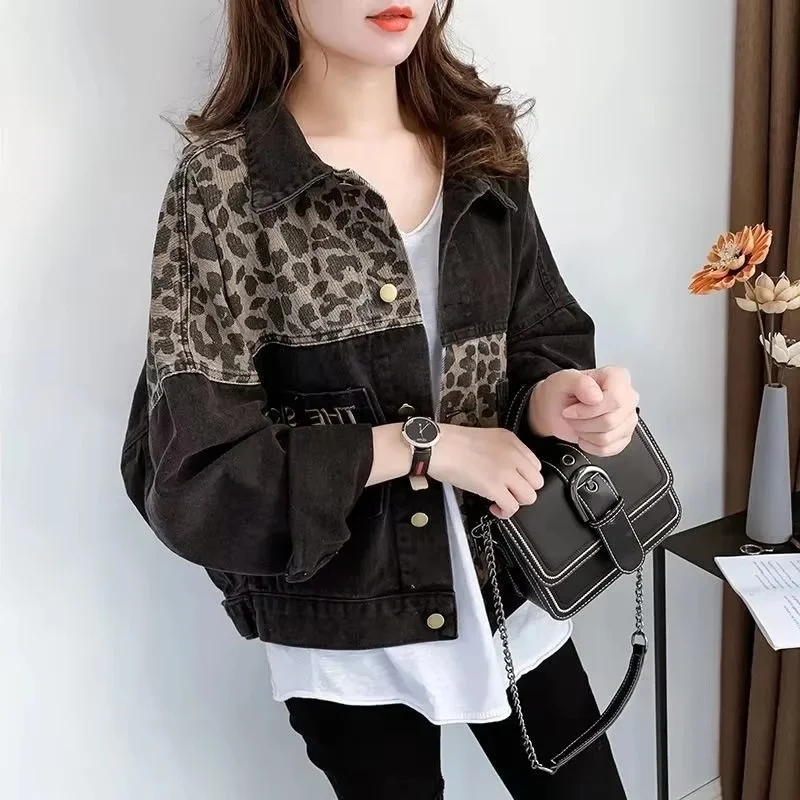 4XL Autumn Women Large Size Jeans Jacket Korean Ladies Splicing Together Denim Outwear Female Trendy Leopard Print Cowboy Coat