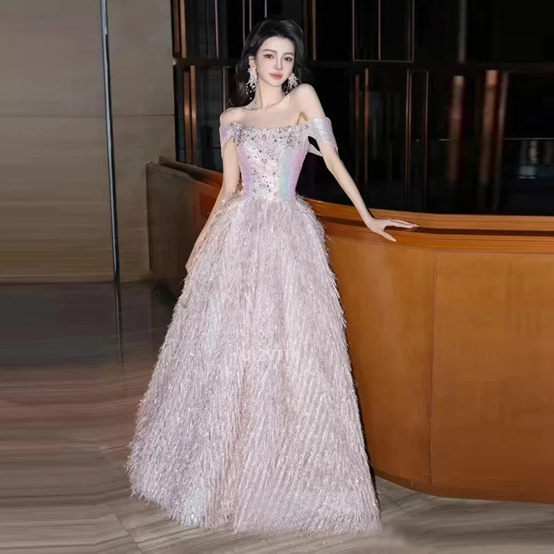 Strapless Tassels Wedding Dresses Women Pink Long Evening Party Gown Women Sexy Off Shoulder Formal Celebrity Dress 2025 New