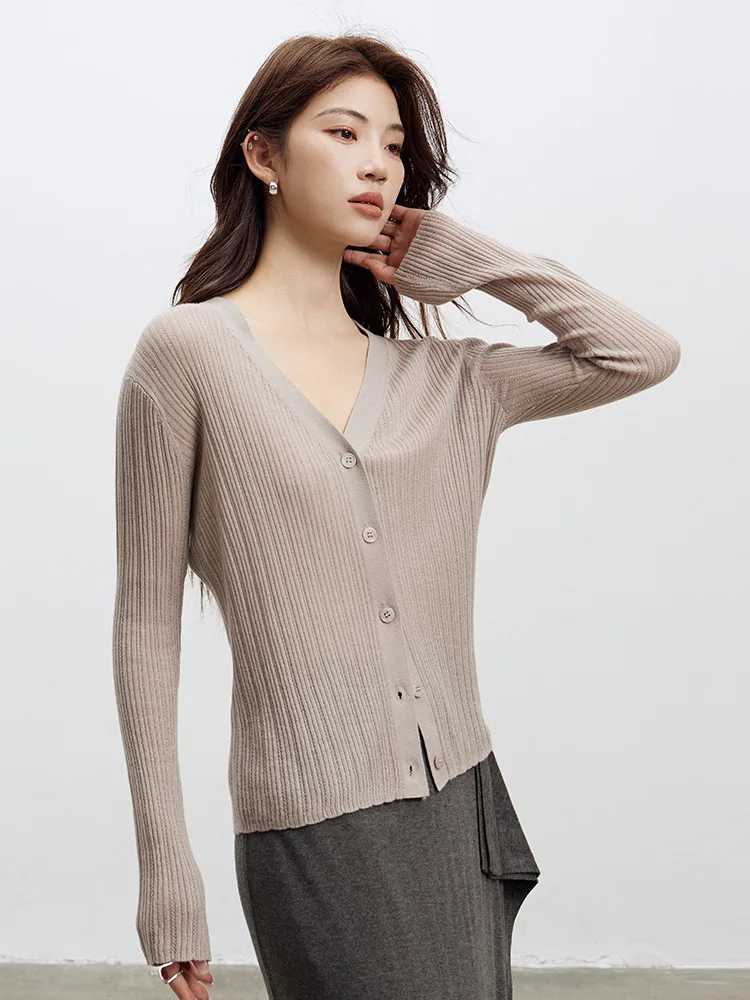 Birdtree 32.4% Sheep Wool 30.1% Acrylic Hollow Cardigan,Woman V-neck Autumn Full Sleeve Single Breasted Knit Coat Top T58510JF