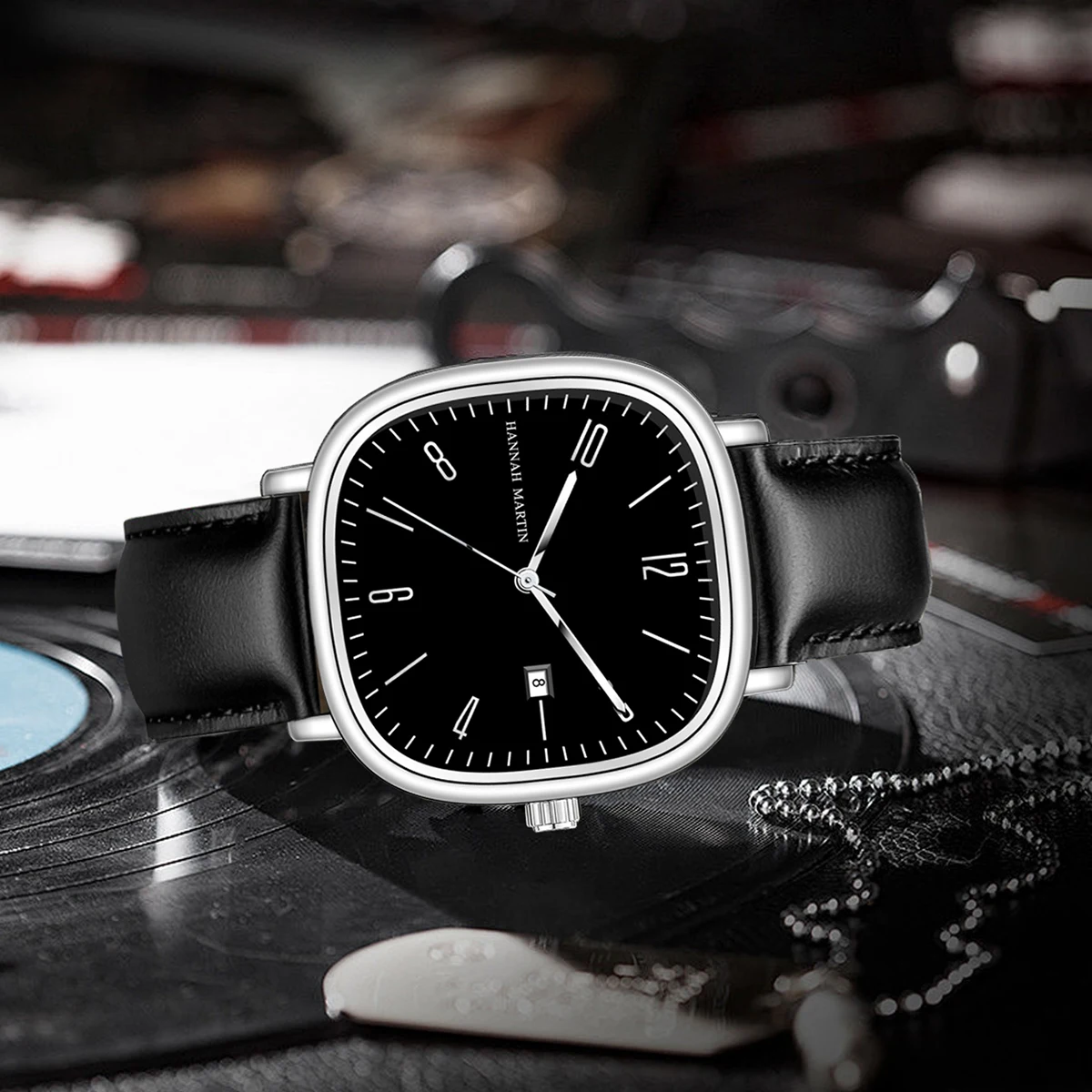 هانا مارتن العلامة التجارية الأعلى ساعة رجالية موضة الأعمال نمط الجلود مربع فضي أسود حركة كوارتز 3Bar ساعة للرجال reloj