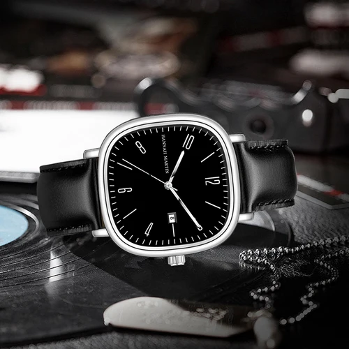 Imagen 2 del producto Reloj de hombre marca Hannah Martin 3Bar resistente al agua de cuero negro movimiento de cuarzo cuadrado reloj de negocios reloj de pulsera informal Dropshipping