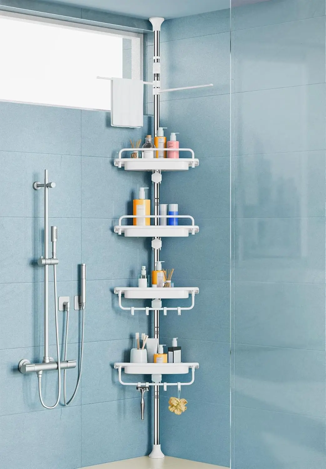 32-122inch Corner Shower Caddy Tension Pole White, Rustproof Drill-Free Shower Shelves with 4 Tier Stable Shelves & Towel Bars