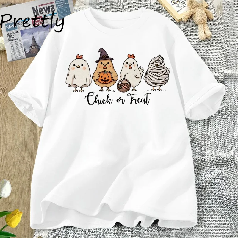 

Halloween Chicken T Shirt Funny Chicken or Treat Graphic T Shirts Summer Cotton Short Sleeve Round Neck Tshirt Woman Clothing