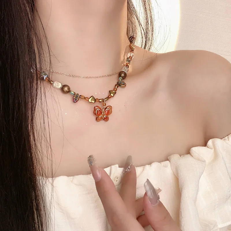 Ethnic Style Retro Butterfly Pendant Necklace Geometric Bead Clavicle Sweater Chain Jewelry