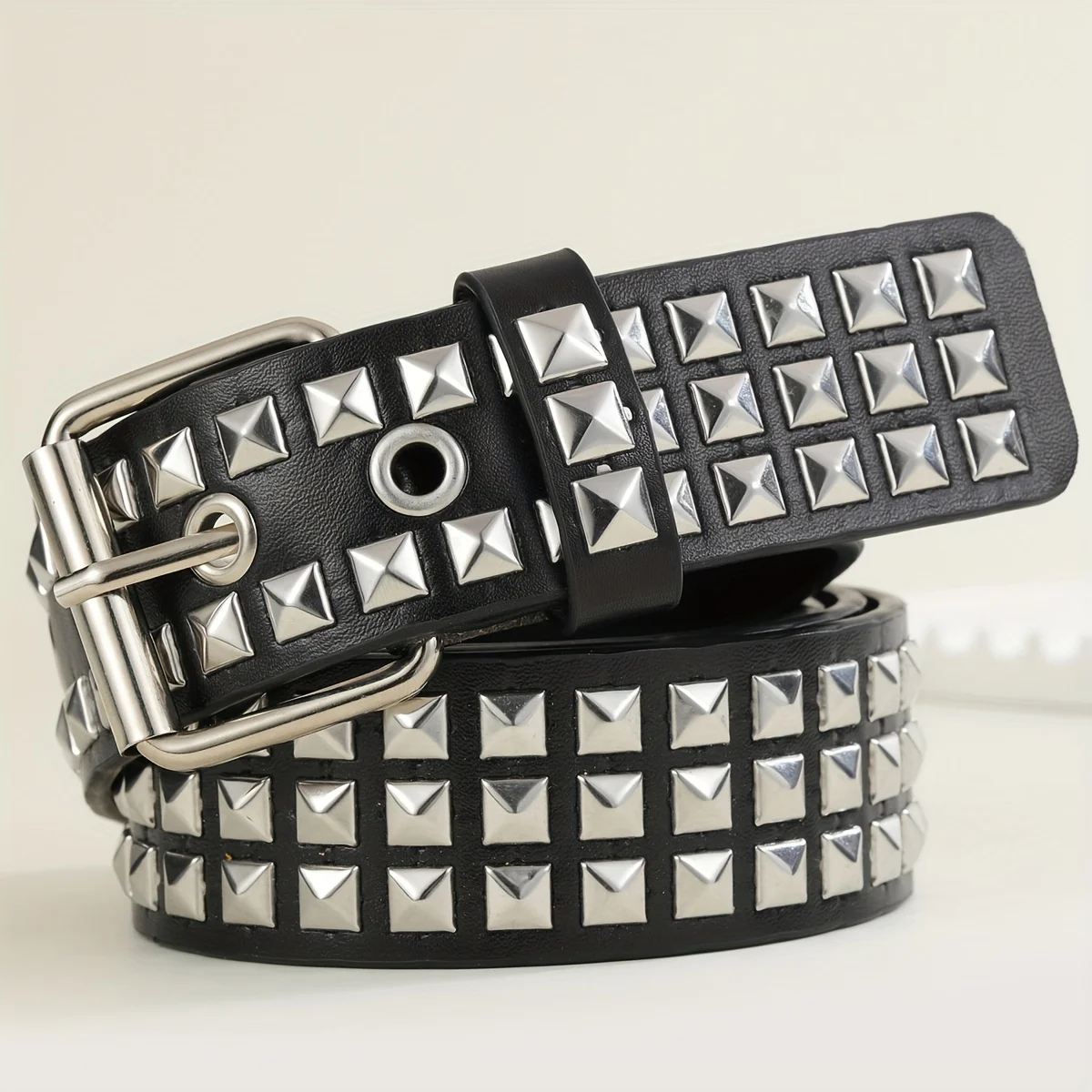 One Men's Gothic Studded Buckle PU Leather Belt with Square Beads and Double-Row Pyramid Punk Style Metal Belt
