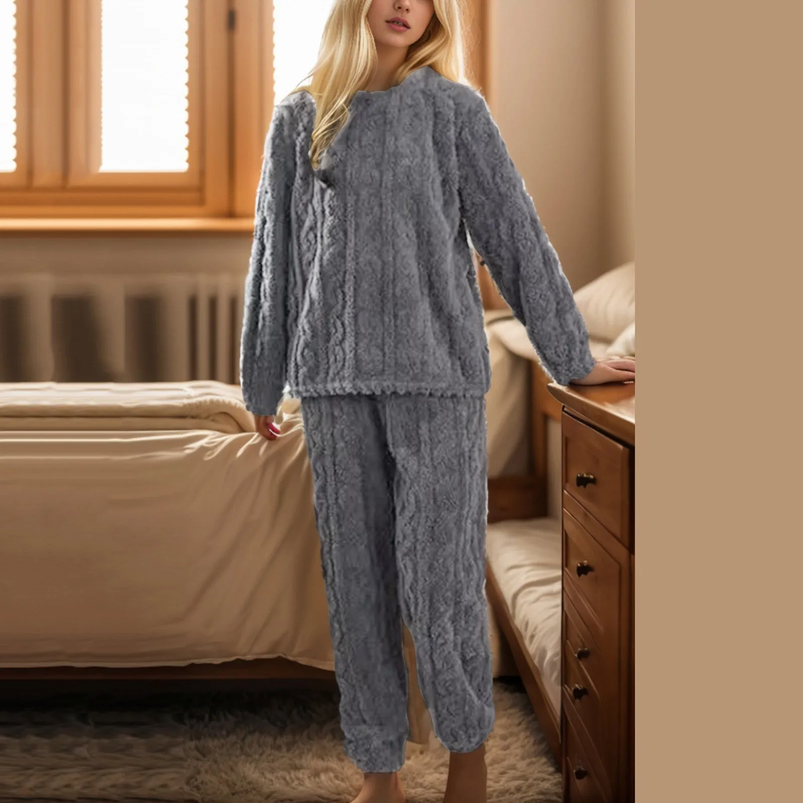 Jacquard Soft Flannel Pajama Sets Warm Cozy Coral Fleece Winter Warm Sleepwear 2 Piece Set Loungewear Sweatshirts+Long Pants Set