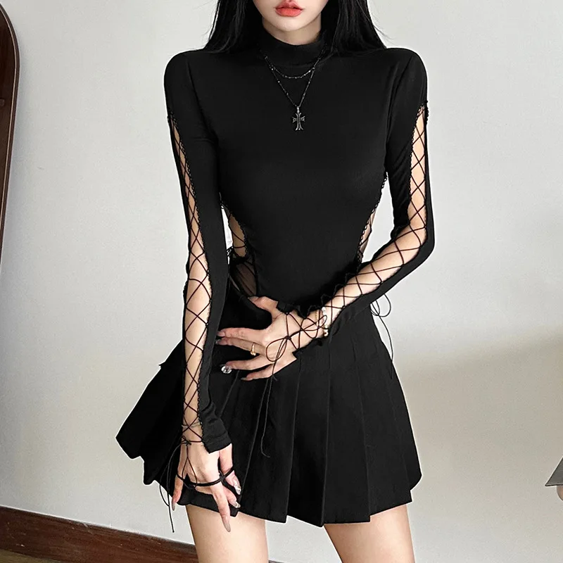 

Autumn and winter new solid color sexy long sleeved semi high neck slim fit bodysuits for women
