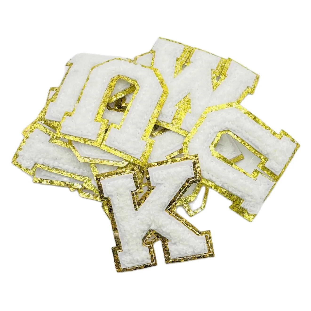 5pcs 5.5CM White Chenille Letter Patches Iron on Towel Embroidered Felt Alphabet Glitter Sequins Heat Adhesive ABC DIY Accessory