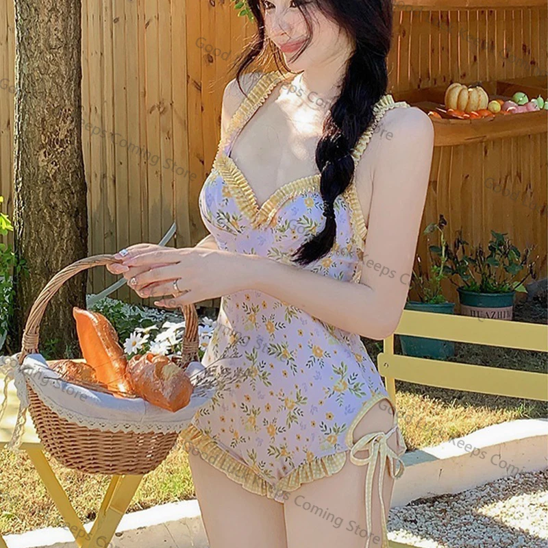 ​​Korean Floral Swimsuit One Piece Soft Cup Cover Up Long Sleeve Hot Spring Spa Bikini Style Swimsuit for Women Slim Swimsuit​​