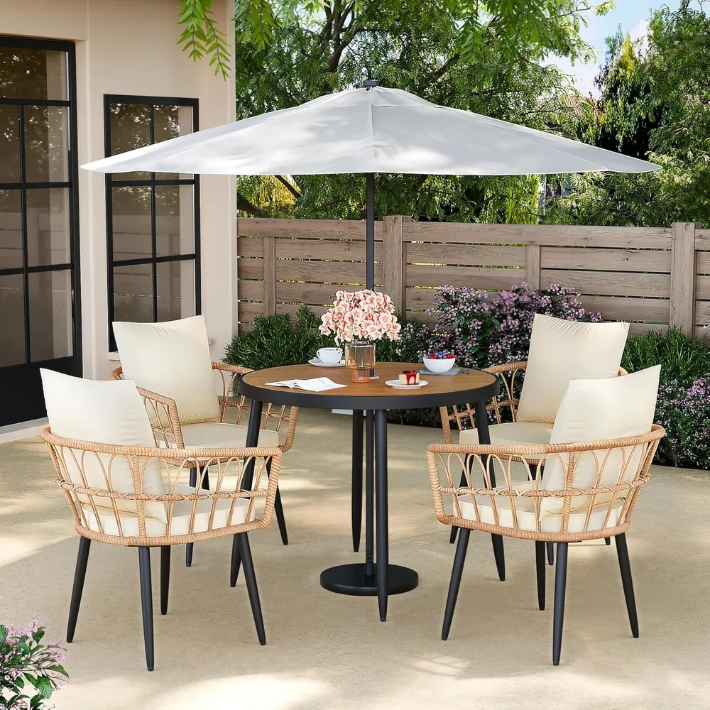 5-piece patio lunch box, all-weather PE cane patio furniture set with removable MATS and round dining table