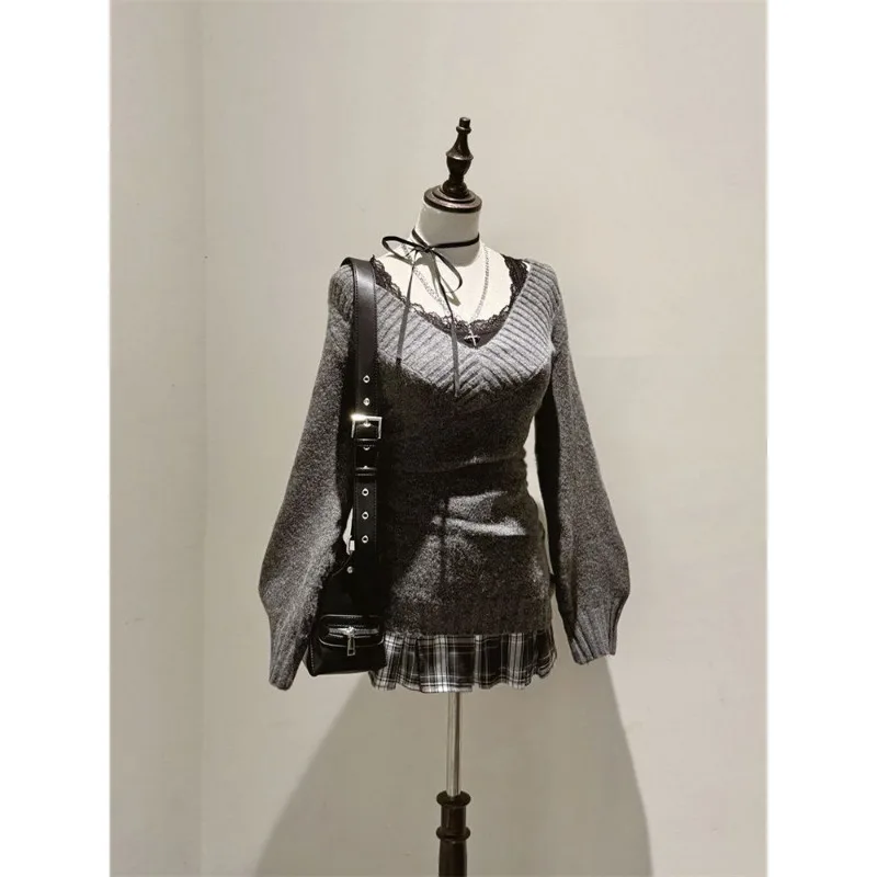 Korean Retro Gray V Neck Knit Two Piece Set Lace Trim Cami Ruched Sweater Plaid Skirt Autumn Winter Daily Outfit