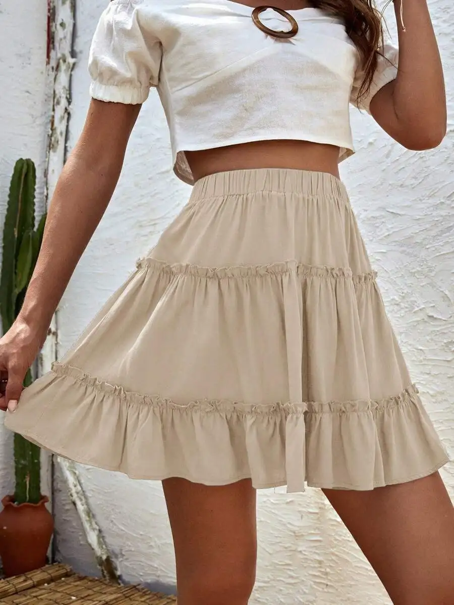 

Women's Beige Elastic Waist Ruffled Tiered Mini Skirt