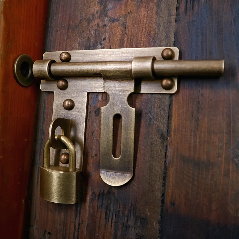 Antique Solid Brass Door Bolt Set Single Door Sliding Latch with Strike Plate & Keyhole Wooden Door Hardware for Furniture