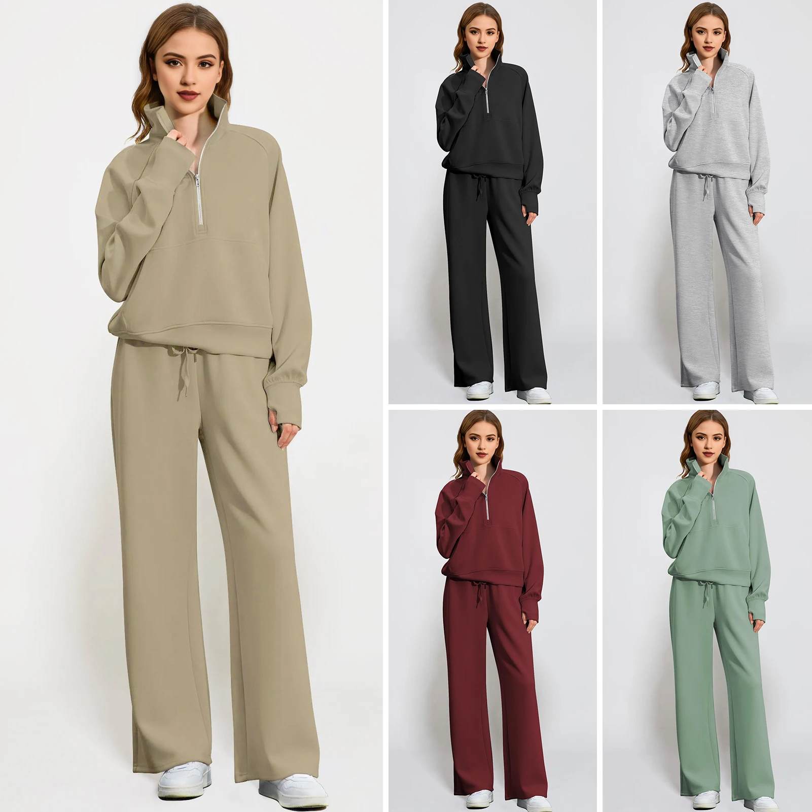 2Pcs Women Autumn Sweatshirt Pant Set Solid Color O Neck Long Sleeve Top Drawstring Pants Suit Sport Tracksuit Ladies Clothing