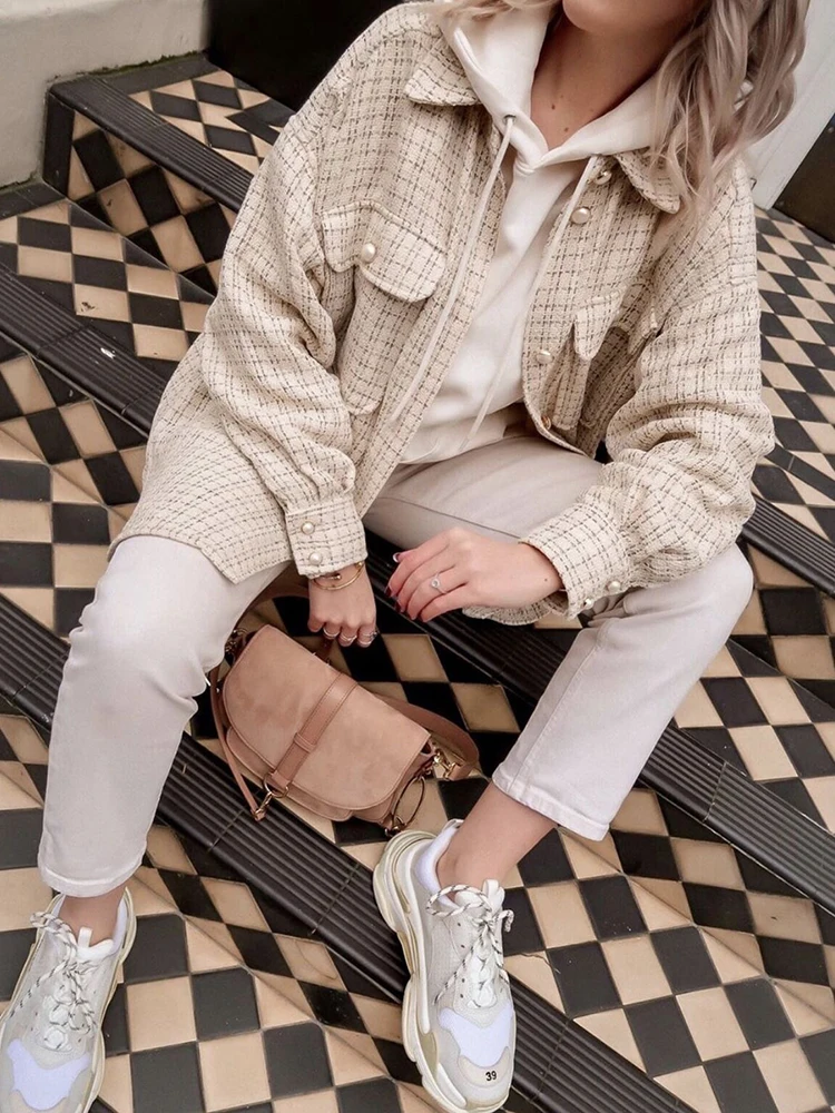 Tweed Women Pearl Button Shirts 2023 Autumn Fashion Ladies Oversize Thick Shirt Streetwear Female Outfits Cute Girls Chic Shirts