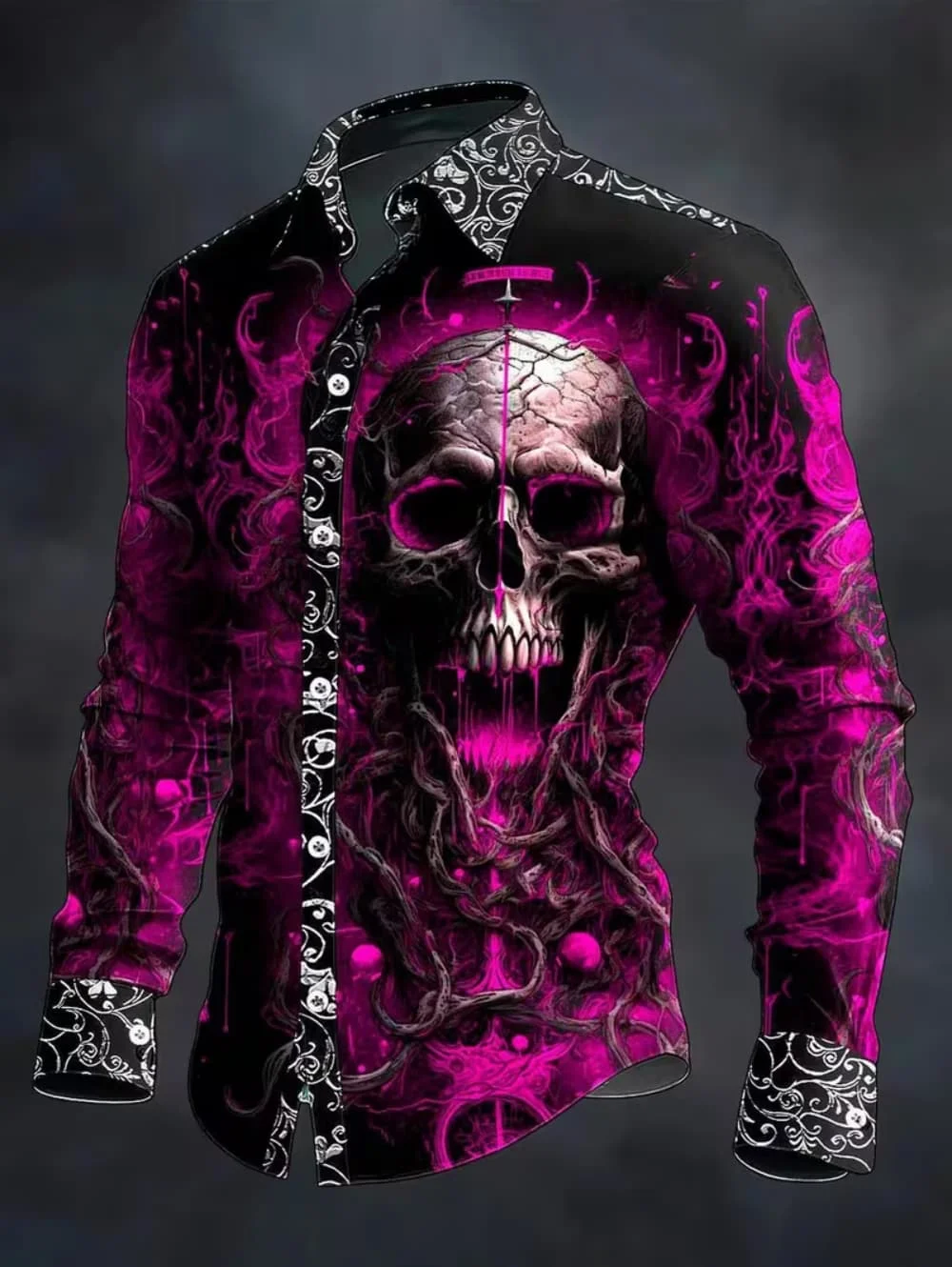 Hip-Hop Totenkopf 3D-Druck Shirt Herren Streetwear 2026 Langarm-Oberteil Urban Trendy Grafik-T-Shirt Lässige Weite Passform Gothic-Kleidung