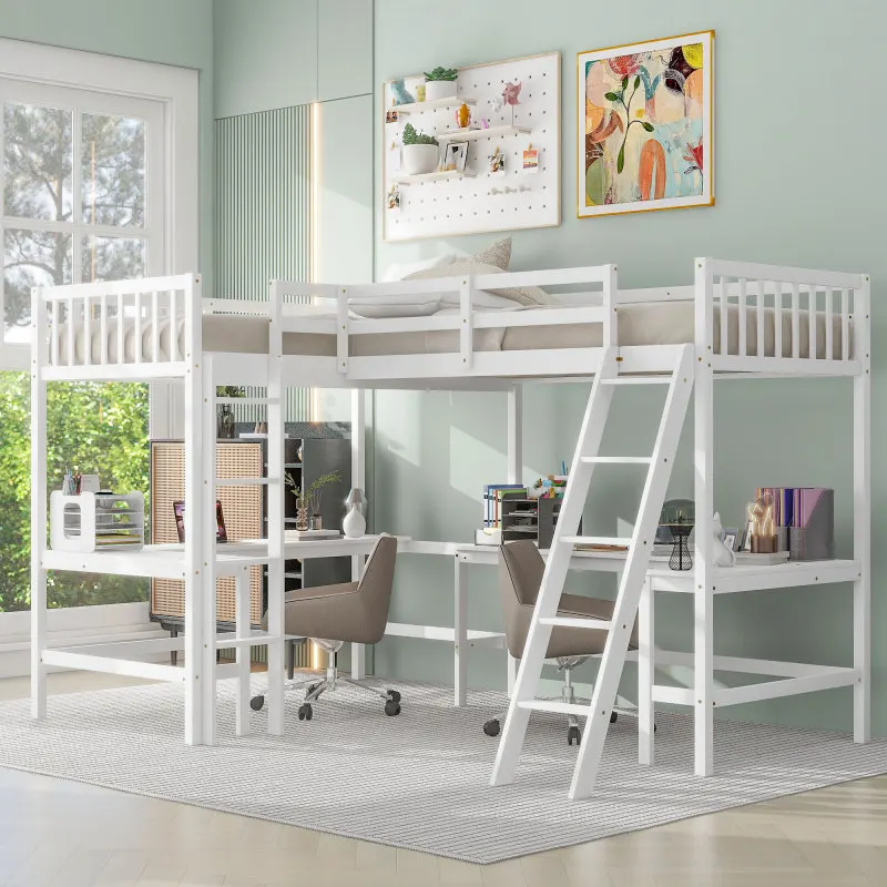 Wood Twin Size L-Shaped Loft Bed with Ladder and 2 Built-in L-Shaped Desks, White